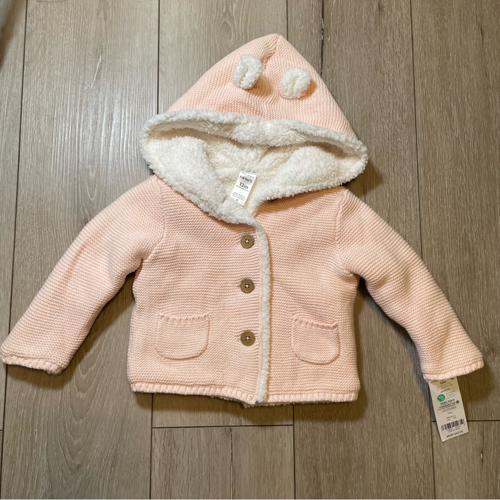 Carter's 12M‎ Baby Girl Pink Knit Sherpa Lined Hooded Cardigan Jacket Bear Ears